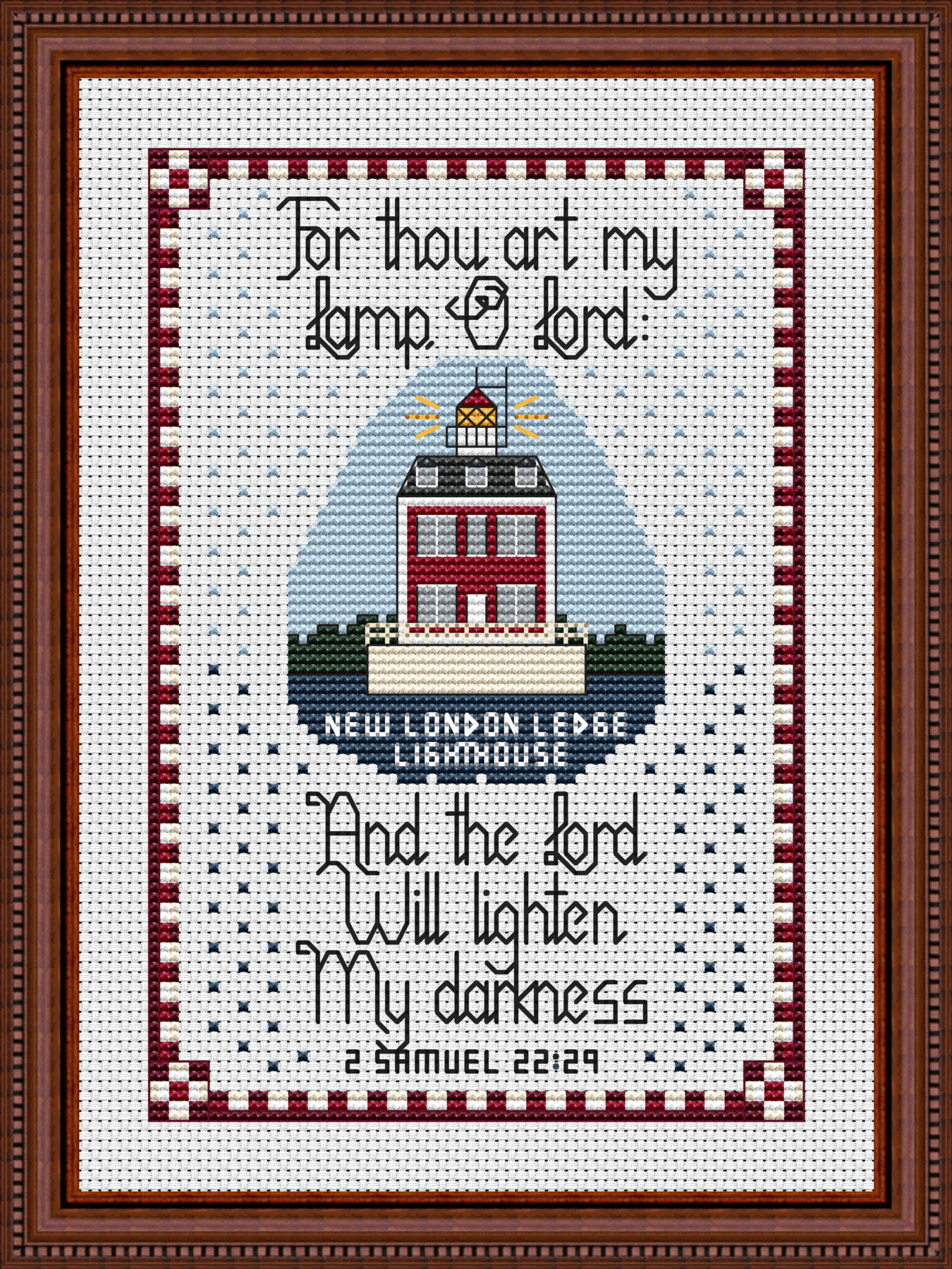 For Thou art my lamp, O Lord: and the Lord will lighten my darkness - New London Ledge Lighthouse - New London, Connecticut - Original Lighthouse Bible Verse Counted Cross Stitch Pattern